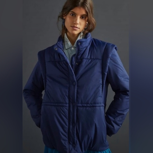 NWT Anthropologie/Maeve Blue Snap-Sleeve Puffer Jacket & Vest removable sleeves, - Picture 1 of 15